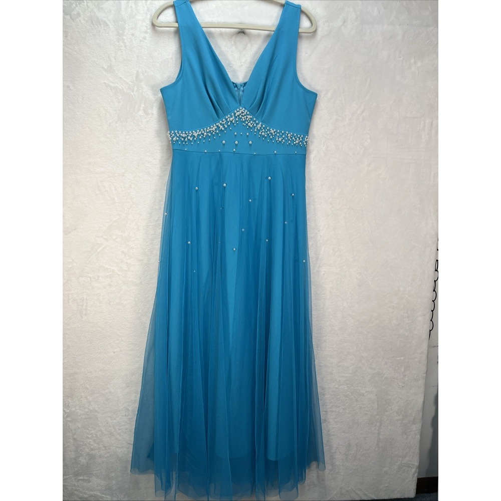 SHEIN Sleeveless Vneck Gown Womens Large 8/10 Blue Pearl Beaded
